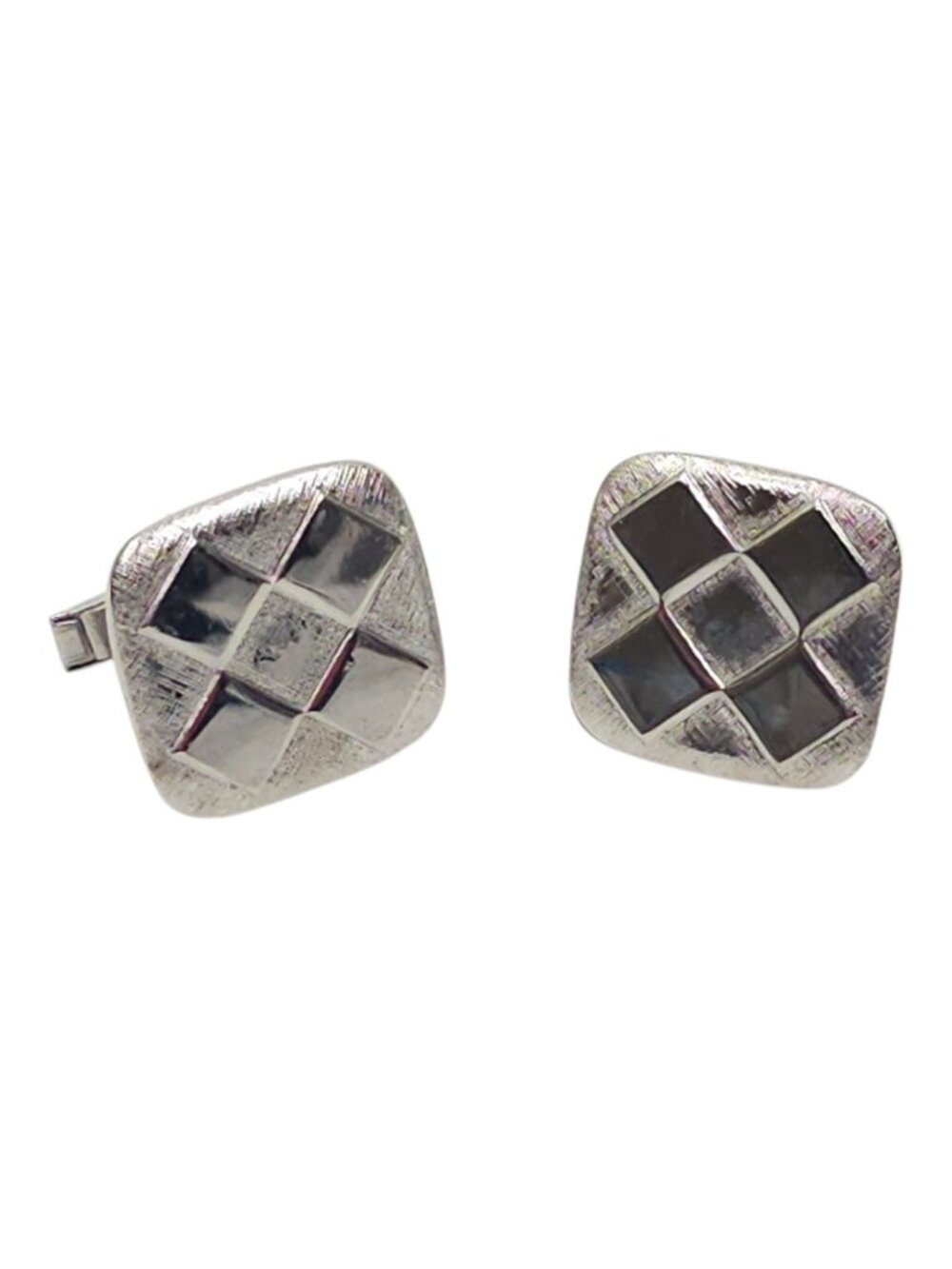 Stag Checkerboard Cufflinks Vintage Mid Century Silver Tone Retro Mens Geometric